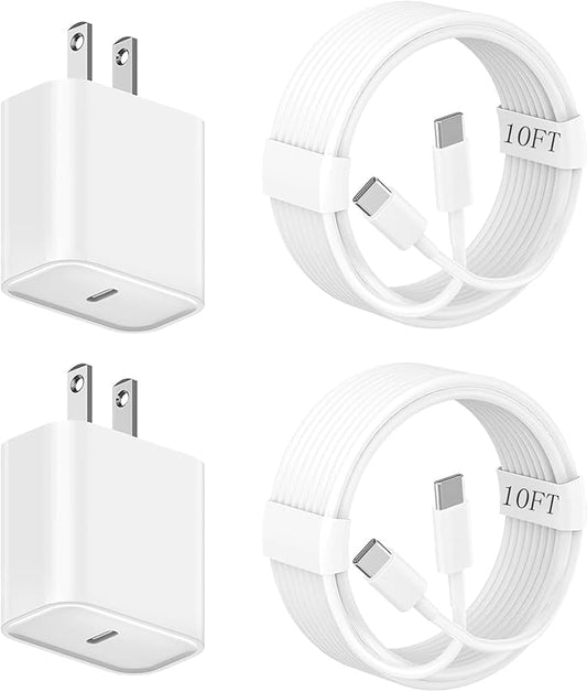 10FT Apple iPhone 17 16 Charger,2Pack Extra Long 10Foot Type C Cable Cord 20W USBC Charger Travel Plug Super Quick Charging for iPhone 17 Air/17 Pro/17 Pro Max/16e/16 Pro/16 Pro Max/15/15 Pro Max/iPad