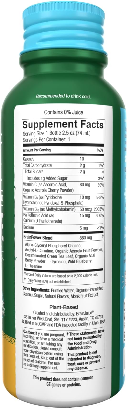 BrainJuice Decaf Brain Support Shot, Gluten Free Supplement Shots for Energy & Focus, Healthy Drinks with Alpha GPC, Vitamin B & Decaffeinated Green Tea Leaf, Peach Mango, 2.5 fl oz, 12 Pack