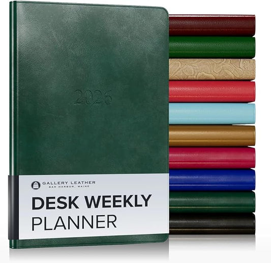 Gallery Leather Desk Weekly Monthly Planner 2025-2026, Elegantly Bound Calendar Planner and Notebook with Stylish Gold-Gilded Page Edges, 12 Months - Acadia Green - 8 x 5.5 "