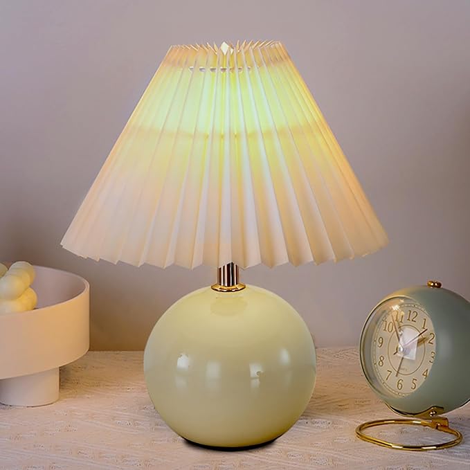 Bedside Table Lamp for Bedroom, Cute Small Pleated Lamps for Nightstand, Modern Circular Ceramic Night stand Lamps, Night Light, Decor Desk Lamp for Living Room Kids Room Dorm Office With E26 LED Bulb