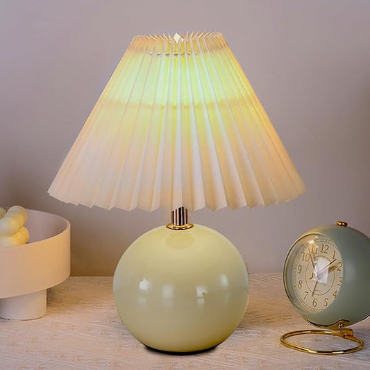 Bedside Table Lamp for Bedroom, Cute Small Pleated Lamps for Nightstand, Modern Circular Ceramic Night stand Lamps, Night Light, Decor Desk Lamp for Living Room Kids Room Dorm Office With E26 LED Bulb