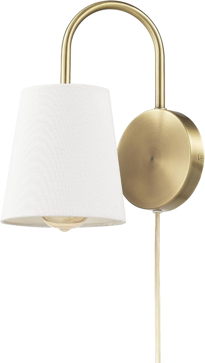 GLOBE Electric x Novogratz 65000053 1-Light Hardwire or Plug-in Wall Sconce, Matte Brass, White Textured Shade, Arched Arm, Lighting, Home Decor, Lights for Bedroom Plug in