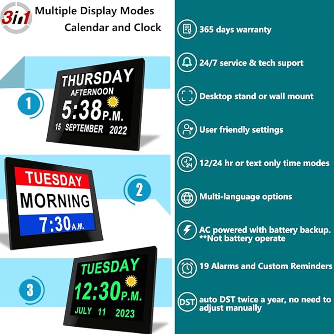 Véfaîî 19 Alarms Dementia Clock 8 Inch Large Display, Auto DST, 10 Levels Auto Dimmable, Non-Abbreviated Date and Day Calendar Clock for Seniors, with Power Adaptor, Picture Frame Feature