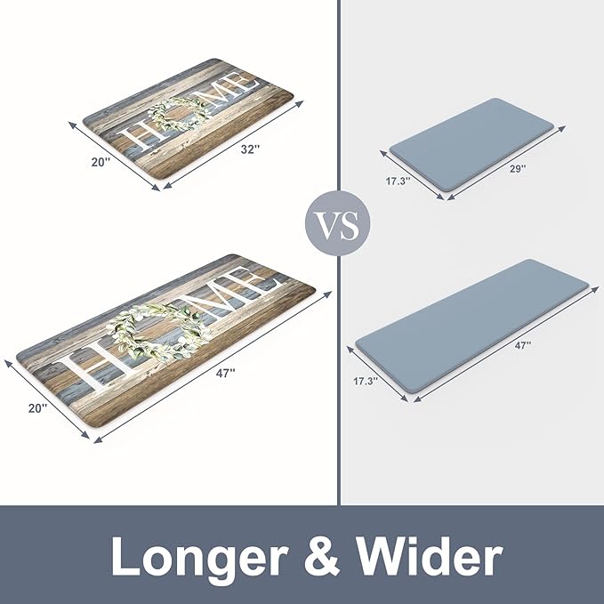 KIMODE Anti Fatigue Mats for Kitchen Floor,Comfort Cushioned Rugs Sets of 2,Wide Farmhouse Memory Foam Carpet Non Slip for Laundry Sink Office Bathroom,Blue 20"x47"+20"x32"