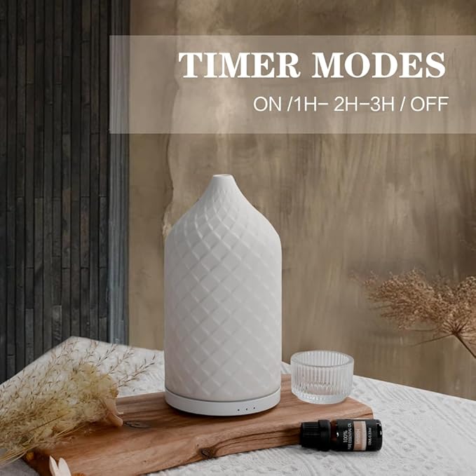 Essential Oil Diffuser for Home, Ceramic Aromatherapy Diffuser for Essential Oils, 120ml Oil Diffuser with Waterless Auto-Off and 7 LED Lights for Large Room Yoga Spa (White)
