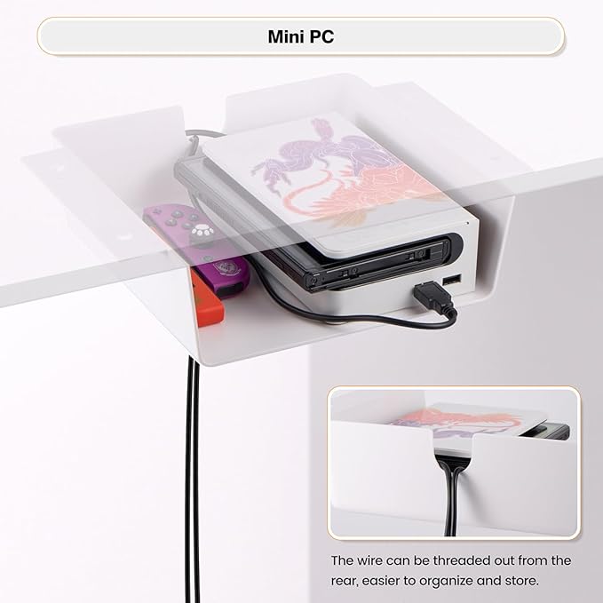 2 Pack Adhesive Under Desk Hanging Shelf Mount Drawer Organizer, Attachable Plastic Under Desk Storage Tray for Standing Desks, Tables, Workstations, Gaming, Cabinet, Increase Storage Space - White