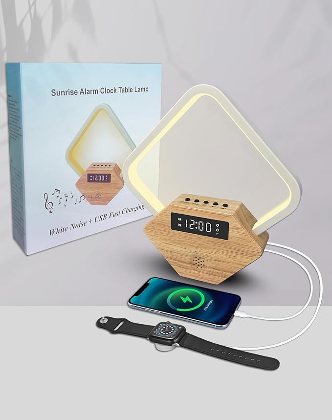 White Noise Sound Machine Smart Sleep Aid,Sunrise Alarm Clock with Wake Up Light for Heavy Sleepers Adults Baby,15 Soothing Sounds, Dimmable Night Light with Dual USB Charger,Gift for Kid Baby Mom Dad
