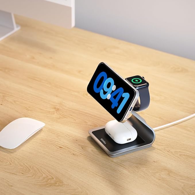 3 in 1 Charging Station for Apple Multiple Devices, Aluminum Magnetic Wireless Charger Stand for iPhone 16/15/14/13/12 Series, Wireless Chargers Dock Stand for Apple Watch/AirPods Pro