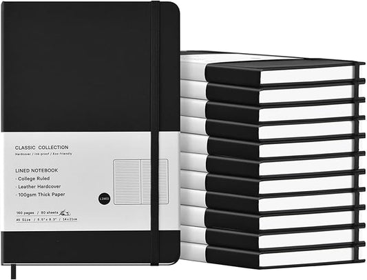 Coopay 12 Pack A5 Journal Notebooks Bulk, 160 Pages, 100GSM Thick Paper, 8.3 x 5.5 inch Hardcover Lined Leather Journals for Writing Office School Business,Bulk Notebook for Work Men Women (Black)