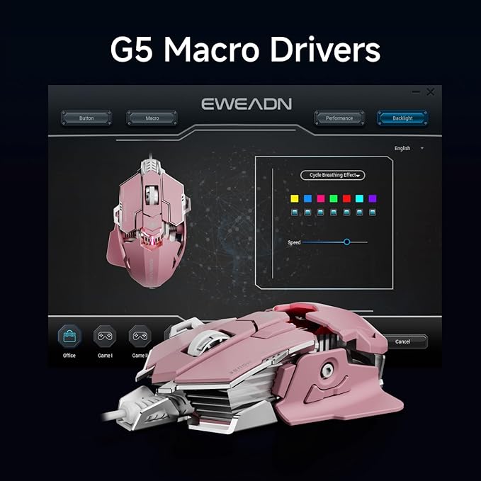 EWEADN G5 Wired Gaming Mouse, Ergonomic RGB Computer Mouse, 12800 Adjustable DPI, 9 Programmable Macro Buttons with Rapid Fire Key Compatible for PC/Laptop/Windows-Pink