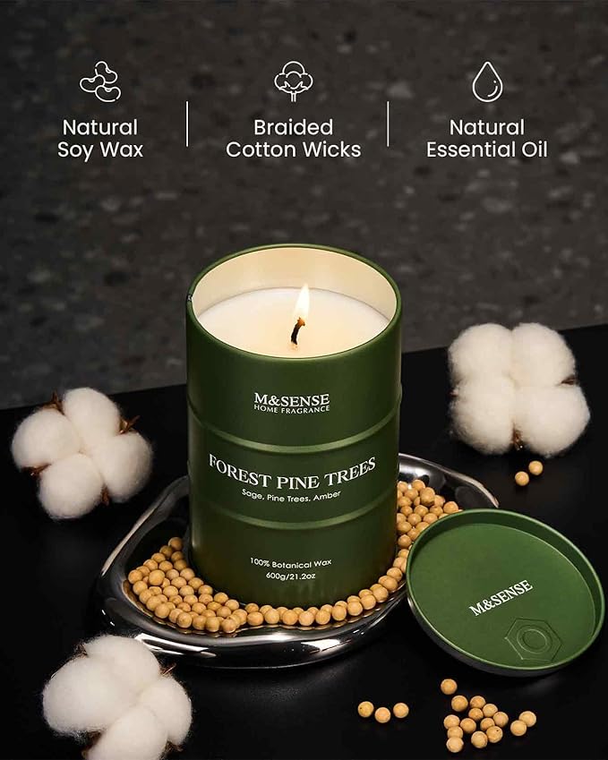 M&SENSE Frosted Pine Scented Candles Large, Natural Soy Candles 21.2oz 120 Hour Slow Burning,Aromatherapy Candle for Stress Relief Meditation Relaxing
