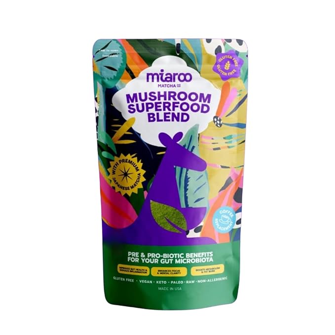 Mushroom Matcha 150g (25 servings, 70mg Caffeine, Zero Sugar) with Lion’s Mane, Cordyceps, Reishi, Chaga | Adaptogenic, Nootropic, Calm Energy, Gut Support & Cognitive Improvement | Miaroo