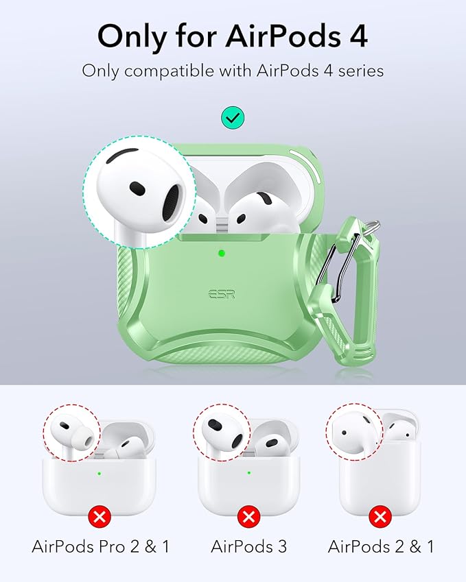 ESR for AirPods 4 Case, Compatible with AirPods 4th Generation Case (2024), Compatible with MagSafe, Powerful Drop Protection, Magnetic Lid, Cyber Series, Light Green