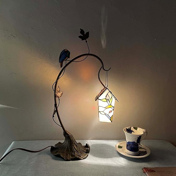 Bieye L10617 Tiffany Style Stained Glass Birdhouse Table Lamp for Home Decor (21-inch High, Pink Flower)