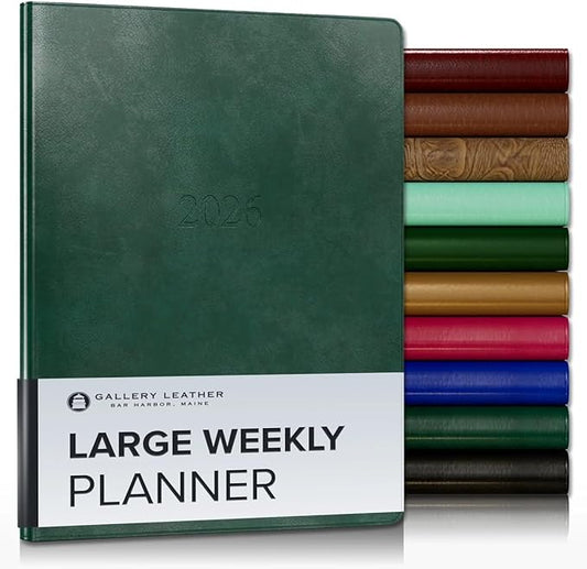 Gallery Leather Large Weekly Monthly Planner 2025-2026, Elegantly Bound Calendar Planner and Notebook with Stylish Gold-Gilded Page Edges, 12 Months - Acadia Green - 9.75 x 7.5 "