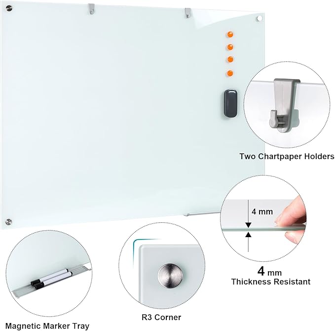Glass Dry Erase Board, 48 x 36 Inches Magnetic Glass Whiteboard for Wall, 4' x 3' Frameless Board for Office, Home, School