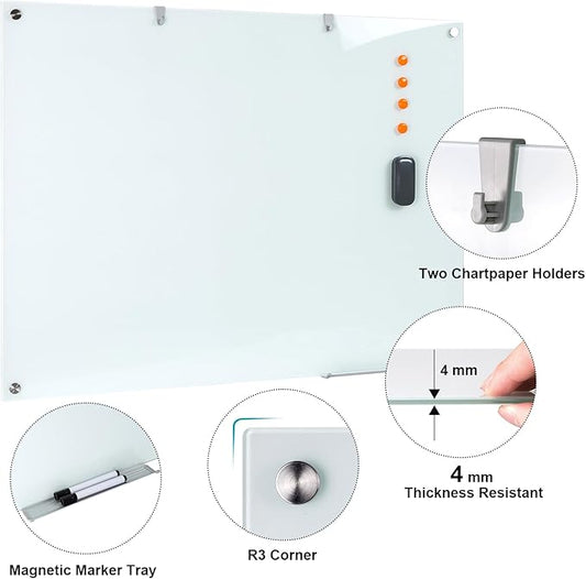 Glass Dry Erase Board, 48 x 36 Inches Magnetic Glass Whiteboard for Wall, 4' x 3' Frameless Board for Office, Home, School