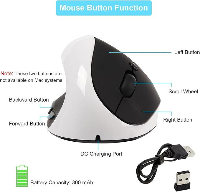 CHUYI Left-Handed Mouse, Ergonomic Vertical Rechargeable Wireless Mouse, 6 Buttons, Optical and Portable Wireless Office Mice with USB Receiver for PC Computer Laptop (Black & White)