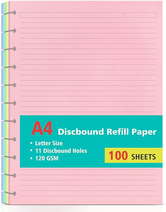 Letter Size 11 Discs 120gsm Discbound Refill Paper, Discbound 5 Colorful Line Papers, Disc Paper Refill, Loose-Leaf Papers, Disc Planner Inserts, 100 Sheets/200 Pages