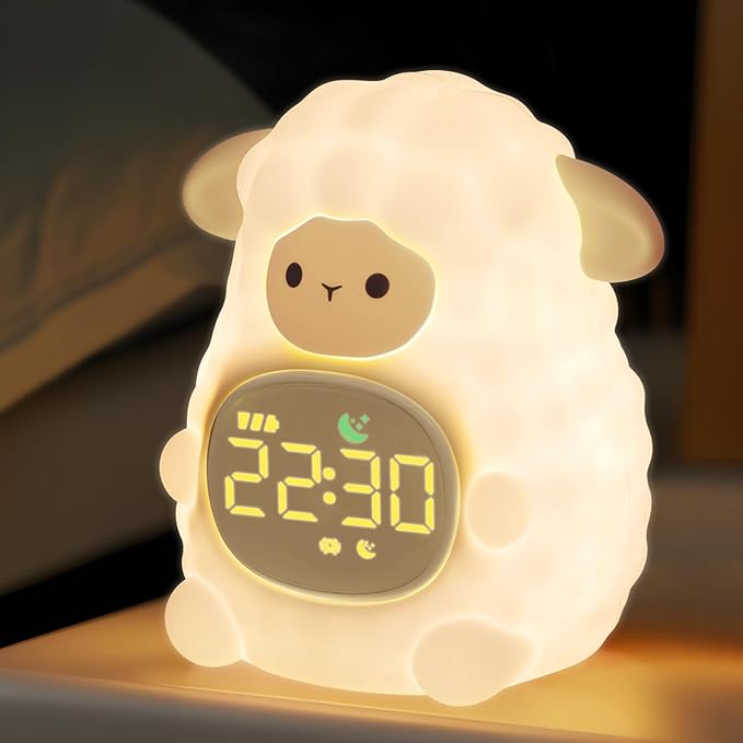 Sheep Alarm Clock with Night Light for Kids with Sleep Training and Sound Machine, Rechargeable Silicone Lamp OK to Wake Clock，Cute Animal Tabletop Lamp, Perfect Sleep Companion for Boys Girls, Khaki