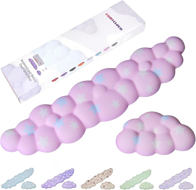 Cloud Wrist Rest Set for Keyboard and Mouse, Includes Cute Coaster, with Computers and Laptops (Pink Colorful Star Set)