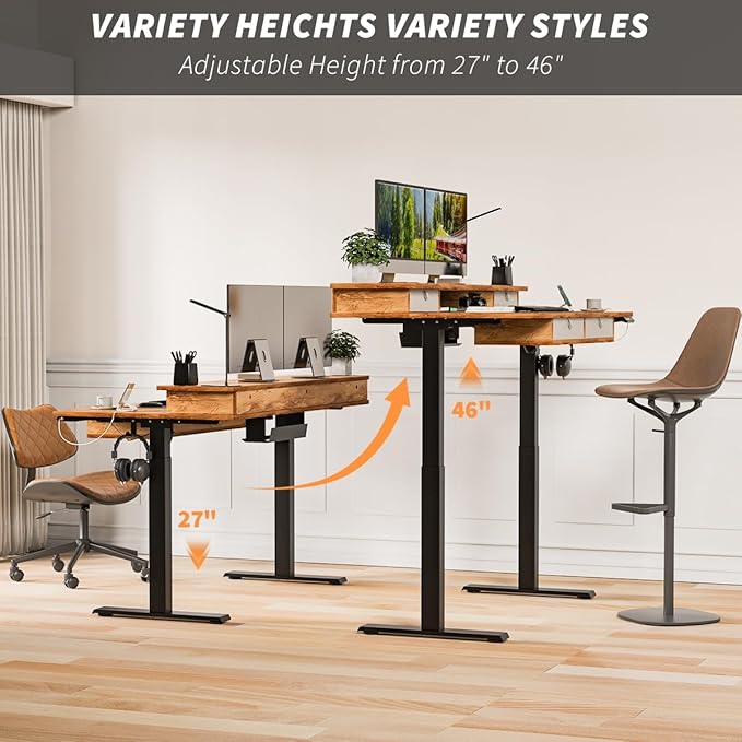 Standing Desk with Fast Charging USB Ports, 48" x 30" Height Adjustable Home Office & Gaming Desk, Sit Stand Desk with Built-in Storage Shelf, Hook & Ergonomic Design(Light Rustic)