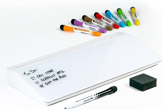 Glassboard Studio Glass Dry Erase Doodle Tray for Desktop Office Supply Storage - Marker and Eraser Included (8 Markers, White)