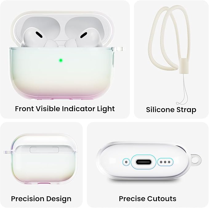 ORNARTO for AirPods Pro 2 Case 2023/2022–Stylish Gradient Clear TPU, LED Visible, Shockproof Protective Case Cover for AirPods Pro 2nd Generation with Lanyard-Iridescent Clear