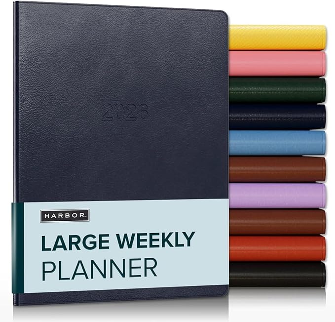 Harbor Large Weekly Monthly Planner 2025-2026 - Calendar Planner and Notebook, Durable Faux Leather, 192 Pages, Softcover & Book Bound - Leida Navy - 9.75 x 7.5 "