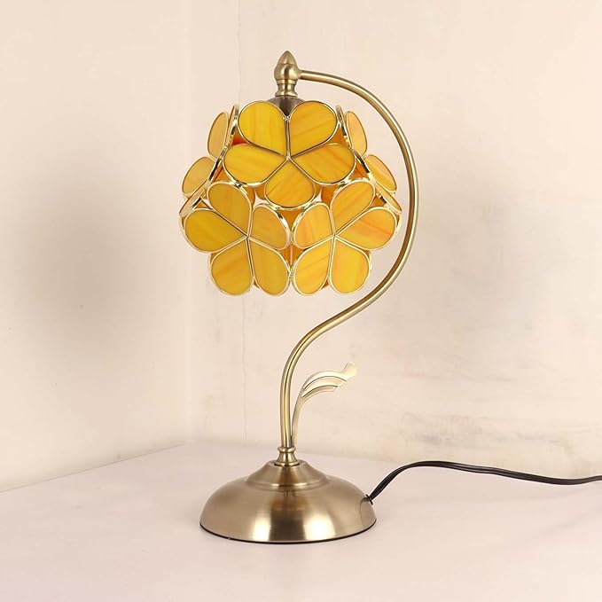 Bieye L10910 Tiffany Style Stained Glass Flower Petal Table Lamp with Brass Base for Home Décor (Yellow Orange, 8" Cherry Blossom)