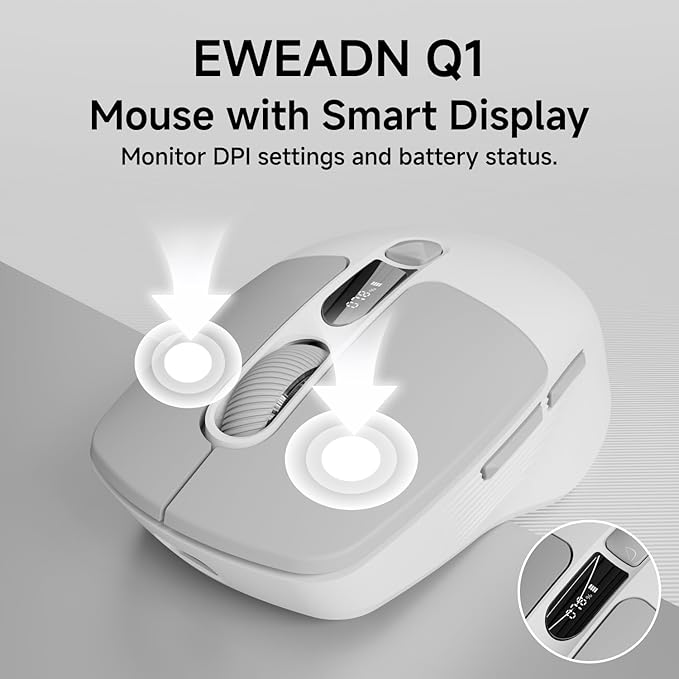 EWEADN Q1 Wireless Mouse, Bluetooth & 2.4G Silent Mouse Quiet Click with 3 DPI Levels, Battery & DPI Smart Display, 6 Button Small Portable Cordless Mice for Laptop/PC/Mac-Grey