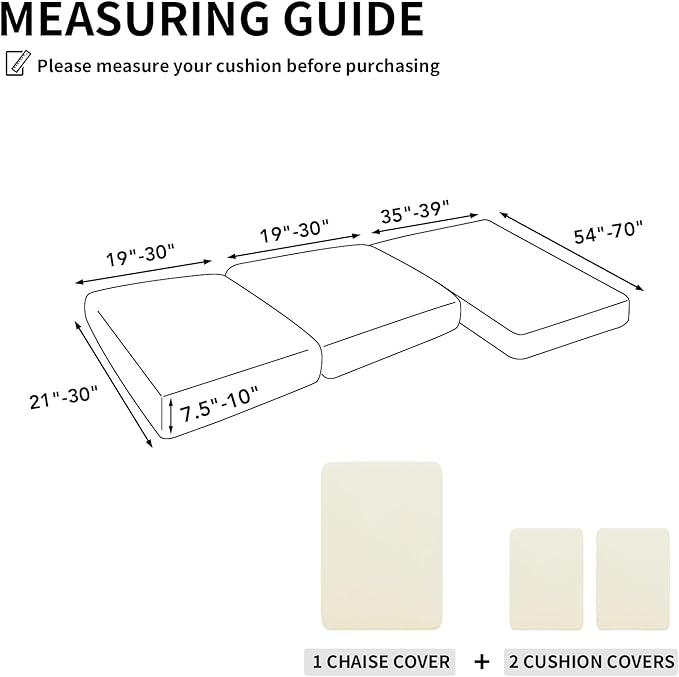 Easy-Going 100% Waterproof 3 Pieces Couch Cushion Covers for Sectional Sofa Left/Right L Shape Chaise Lounge Sofa Seat slipcover Anti-Slip Sofa Cover (2 Seater + 1 Chaise, Ivory