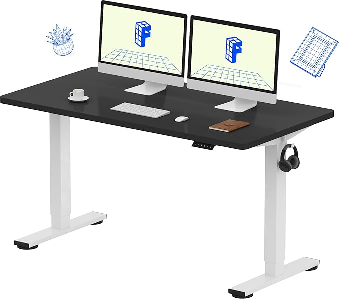 FLEXISPOT EN1 One Piece Standing Desk, 55 x 28 Inch Desktop Electric Adjustable Height Desk for Home Office and Computer Workstation (White Frame + Black Top, 2 Packages)