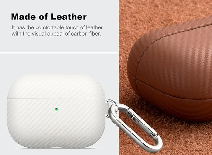 Leather Case - for AirPods Pro 2 Case Cover with Keychain - Selected Skin-friendly Leather, Carbon Fibre Texture, Handmade Shockproof Hard Cover for AirPods Pro 2nd Generation Earbuds - White