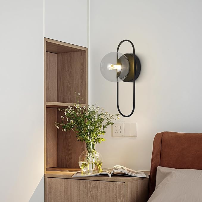 Mid Century Modern Black Wall Sconce Bubble Glass Globe Wall Sconces Lighting Small Vintage Bathroom Vanity Light Fixtures for Bedroom Hallway