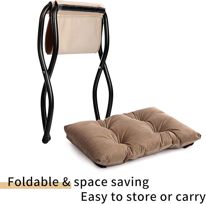 HollyHOME 15"(H) Folding Footrest Stool, Upholstered Small Foldable Ottoman, Accent Padded Sofa Foot Stool for Lazy Chair, Metal Frame Portable Foot Rest Ottoman for Living Room, Bedroom, Dark Brown