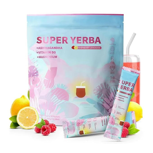 Super Yerba Mate Instant Tea Powder with Prebiotics & Probiotics丨Raspberry Lemonade Flavor for Gut Health丨30 Servings