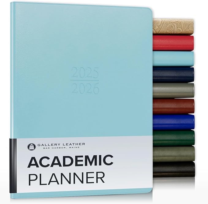 Gallery Leather Academic Planner 2025-2026, Teacher and Student Weekly Monthly Planner, Elegantly Bound Calendar with Gold-Gilded Page Edges, 18 Months - Caribbean Aqua - 9x7"