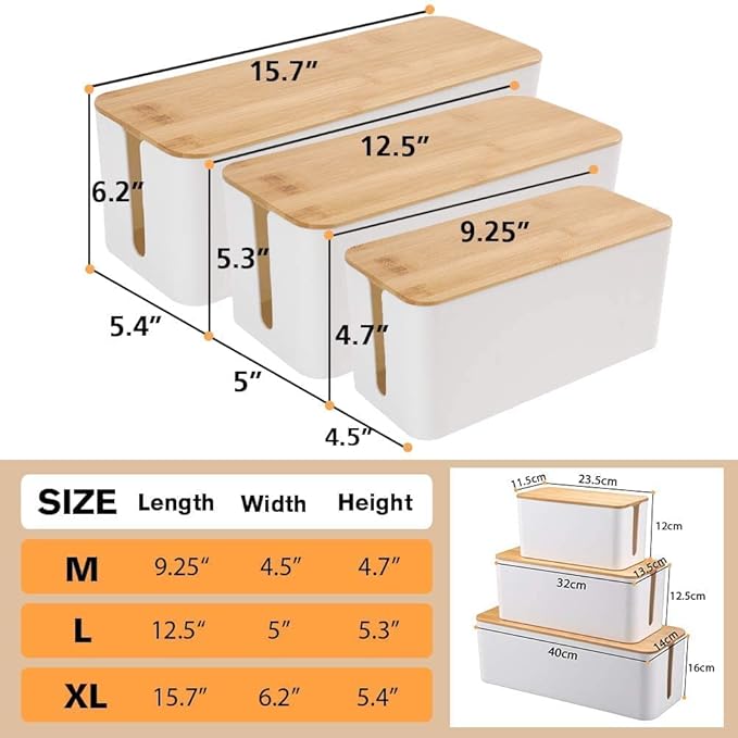 [Set of Three] Cable Management Box Organizer, Bamboo Lid Large Storage Wires Holder for Home, Office, Desk, TV, Computer - Great to Cover Hide Tidy Surge Protector & Power Strips & Cords (White)