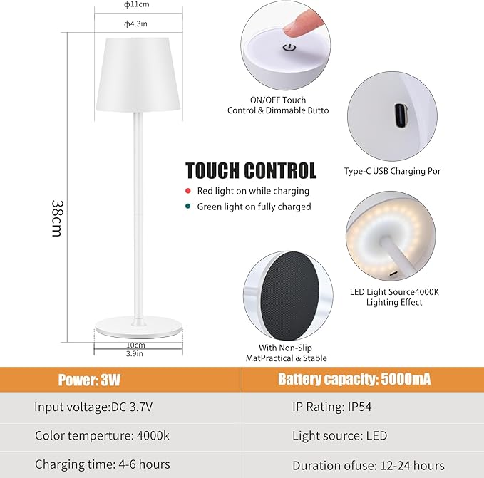 2 Pack Cordless Table Lamp, 5000mAh Portable Rechargeable LED Desk Lamp, 3 Color Modes Stepless Dimming Table Light with Memory Function, for Dinner, Patio, Home, Restaurant.