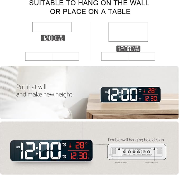 Digital Clock for Bedroom, Clocks for Living Room Decor, Desk Table Clock, Alarm Clock Large Display with Date Week Temperature, Automatic Brightness Dimmer, Smart Cool Modern (Red)