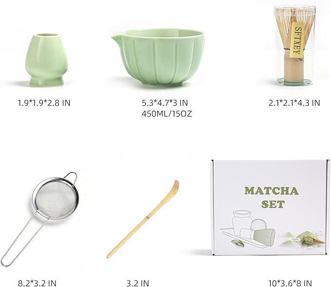 Matcha Whisk Set, Matcha Set Includes Ceramic Matcha Bowl, Bamboo Whisk, Scoop, Chasen Holder, Sifter - 5 Pcs Perfect Matcha Kit for Macha Lover (Emerald Green)
