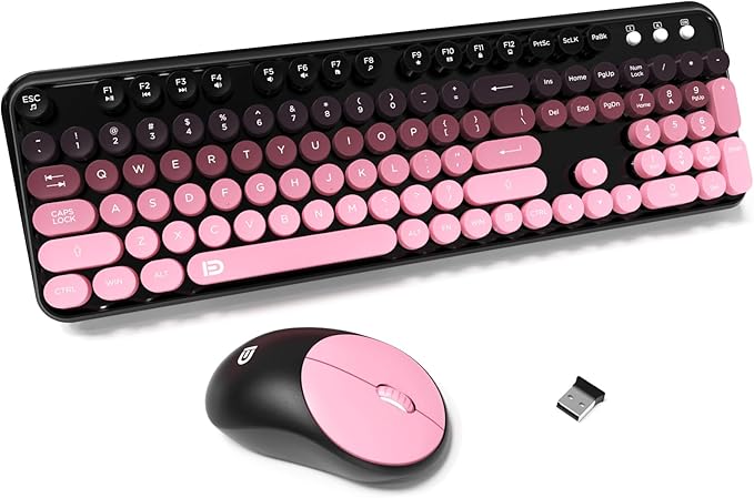 Wireless Keyboards Mouse Combos, Colorful Cute Typewriter Full-Size Retro Creamy Keyboard, 2.4GHz Sleep Mode Office Quiet Wireless Keyboard and Mouse Set for Desktop Laptop PC Computer-BlackBerry