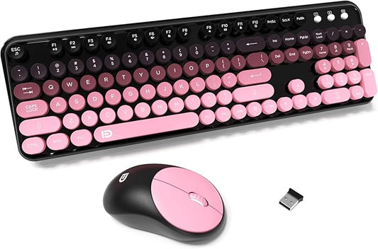 Wireless Keyboards Mouse Combos, Colorful Cute Typewriter Full-Size Retro Creamy Keyboard, 2.4GHz Sleep Mode Office Quiet Wireless Keyboard and Mouse Set for Desktop Laptop PC Computer-BlackBerry