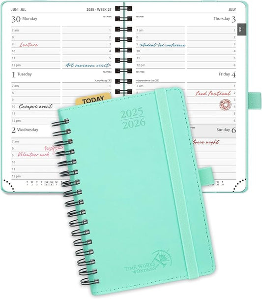POPRUN Pocket Planner 2025-2026 (Purse Size 4'' x 6.25'') Academic Small Calendar (July 2025 - June 2026) with Hourly Time Slots, 100GSM Thick Papers, Spiral Leather Cover - Green