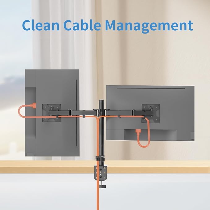 H&C(hcck&Cllassp) Dual Monitor Mount, Monitor Arm with Swivel, Tilt, Rotation, Height Adjustable, VESA Mount for 17-27” Monitors up to 17.6lbs, Desk Mount with C-Clamp, Black