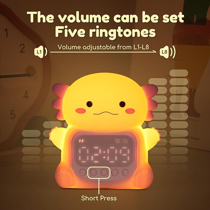 Axolotl Alarm Clock with Night Light for Kids, 7 RGB Color Cute Alarm Clocks for Bedrooms Ok to Wake Clocks, Silicone Animal Tabletop Lamp for Teen Girls Boys