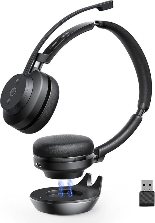 Wireless Headset, Bluetooth Headphones & 2.4G USB Dongle with Noise Cancelling Mic, Mute Button - for PC, Laptop, Call Center, Home Office, Zoom, Teams Meeting