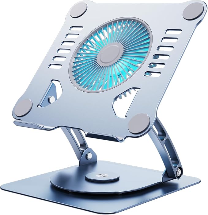 SHUWEI 360° Rotating Laptop Cooling Stand with 3 Speed Fan, Adjustable Height Laptop Stand for Desk, Ergonimic Aluminum Laptop Cooling Pad for 10-15'' Notebook - Bule-Gray