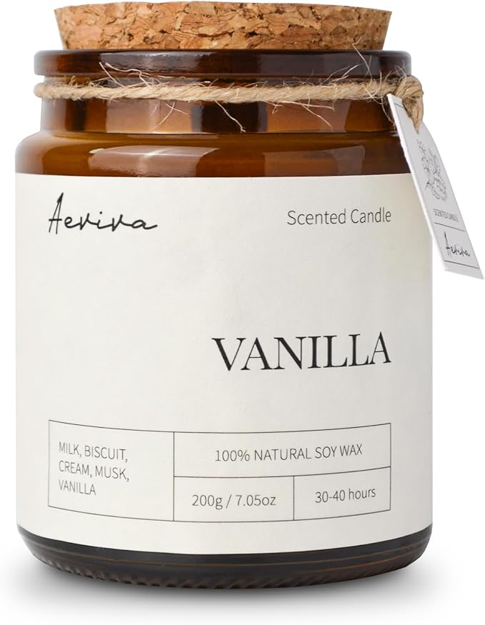Scented Candle, 7.05 oz Vanilla Aromatherapy Candle, Natural Soy Wax with Wooden Wick, Candles for Home Scented, Stress Relief Amber Jar Candle Gifts